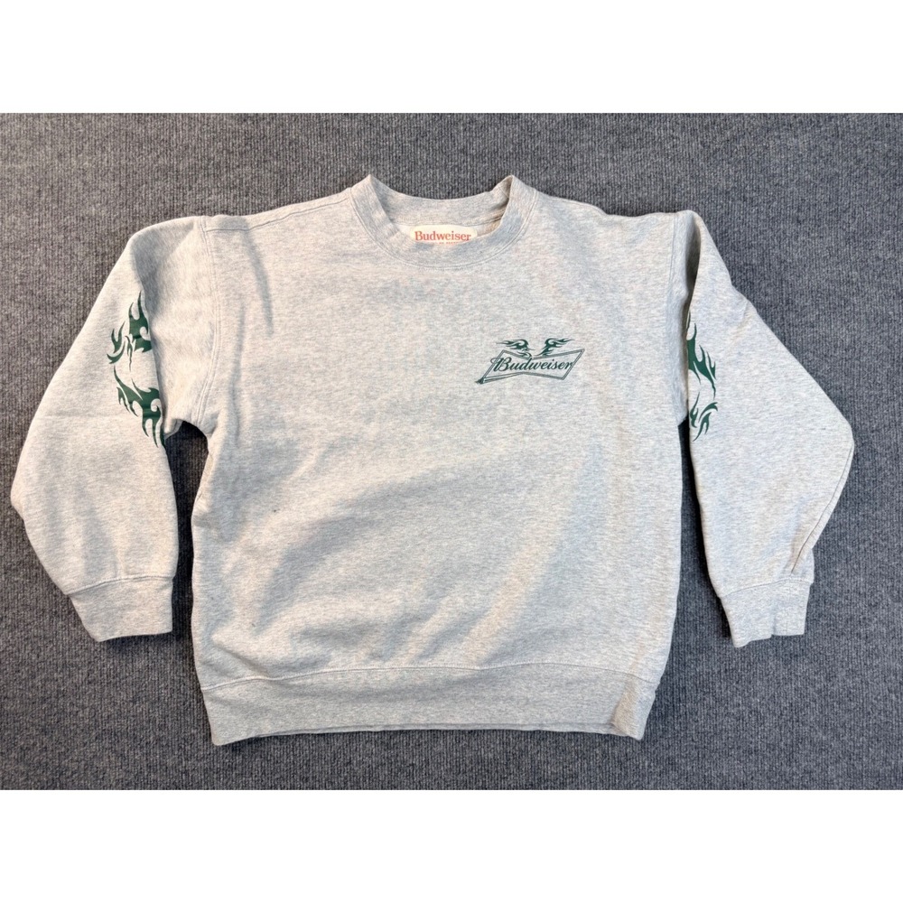 PacSun Budweiser Grey Crewneck Sweatshirt Y2K Graphic Flame Sleeve Pullover Smal